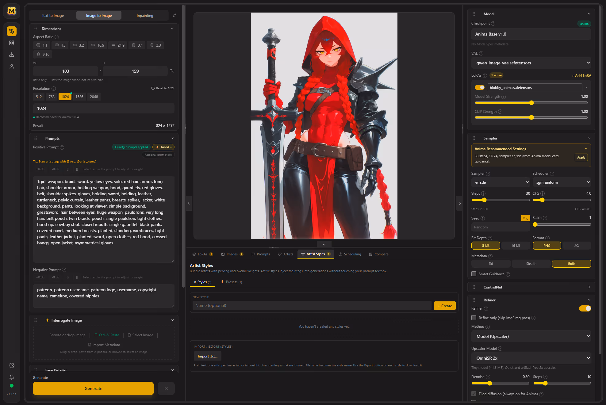 The MooshieUI generation workspace: a left panel with dimensions and prompts, a centered image preview, and a right panel with model and sampler controls.